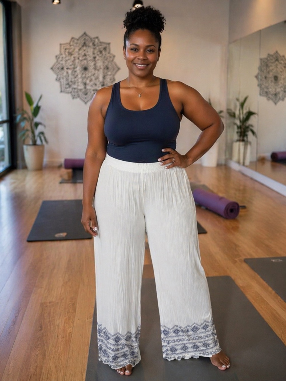 Zac & Rachel Cream Wide-Leg Pants with Navy Embroidered Hem